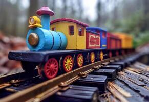 ai genererad leksak tåg rör på sig på de järnväg spår foto