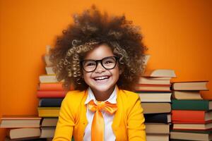 ai genererad glad ung flicka omgiven förbi böcker på vibrerande orange bakgrund med kopia Plats foto