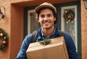 ai genererad en man står på en dekorerad dörröppning innehav en låda, de festlig kransar föreslår en Semester leverans. foto