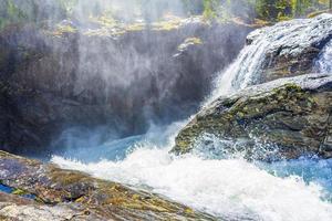 snabbt rinnande flodvatten av vackert vattenfall rjukandefossen hemsedal norge. foto