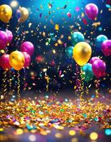 ai genererad firande bakgrund med färgrik ballonger, konfetti och gyllene band. ai generativ foto