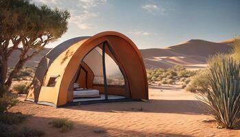 ai genererad camping tält i de öken- på solnedgång. ai generativ foto