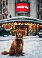 ai genererad söt nova skotska Anka vägtullar retriever hund Sammanträde på en snöig gata. ai generativ foto