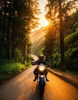 ai genererad motorcyklist ridning en motorcykel på en Land väg på solnedgång. ai generativ foto