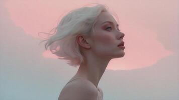 ai genererad en kvinna med vit hår och rosa moln i de bakgrund foto