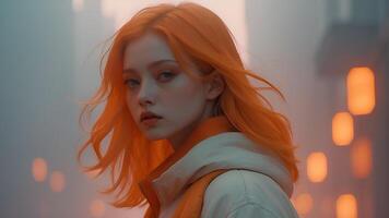 ai genererad en kvinna med orange hår och en vit jacka foto