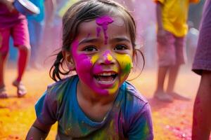 ai genererad firande av holi festival dag färgrik illustration av en barn täckt i måla foto