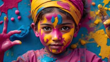 ai genererad firande av holi festival dag färgrik illustration av en barn täckt i måla foto