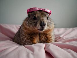 groundhog dag, i en rosa säng, groundhog i säng i pläd, med en sömn mask. foto