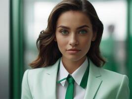 ai genererad företag kvinna i smaragd- företag kostym foto