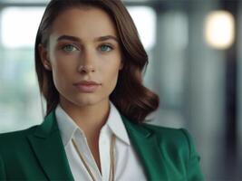 ai genererad företag kvinna i smaragd- företag kostym foto