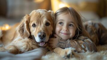 ai genererad liten flicka kramas stor brun hund foto