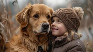 ai genererad liten flicka kramas stor brun hund foto