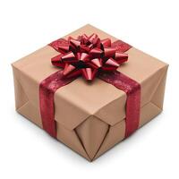 ai genererad gåva låda med röd band isolerat på vit bakgrund med skugga. gåva låda för närvarande ger för födelsedag parter och fester foto
