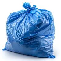 ai genererad blå plast skräp väska isolerat på vit bakgrund med skugga. blå skräp väska isolerat. återvinningsbar sopor väska för avfall och sopor foto