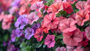 ai genererad petunia blommor i en trädgård. rosa och lila blommor blomning under sommar tid i natur. petunia blomma foto