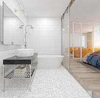 modern badrum interiör. 3d tolkning design begrepp foto