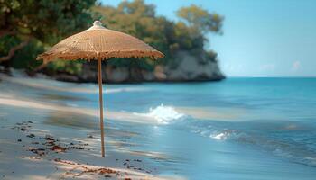 ai genererad parasoll på de strand under sommartid. parasoll för skugga skydd på en solig strand i en tropisk destination med vågor kraschar de strand. tropisk destination foto