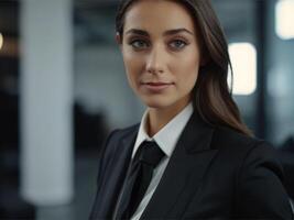 ai genererad energisk företag kvinna i svart kostym foto