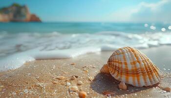 ai genererad snäckskal på de strand. hav skal på de sand närbild. närbild av en snäckskal på en sandig strand i tropisk plats. salt vatten snäckskal foto