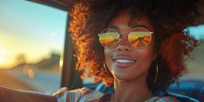 ai genererad kvinna i bil bär runda solglasögon foto