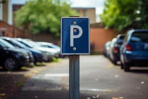 ai genererad en parkering tecken står i främre av en rad av parkerad bilar i en massa. de fordon är ordentligt Justerat Nästa till varje Övrig i ett organiserad sätt. foto