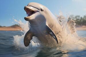 ai genererad en delfin språng ut av de hav, visa upp dess anmärkningsvärd rörlighet och nåd som den svävar genom de luft innan dykning tillbaka in i de vatten. foto