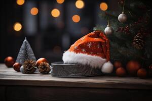 ai genererad jul bakgrund med dekorationer och gåvor, santa hatt, leksaker, bollar. ny år hälsning kort, kopia Plats. foto