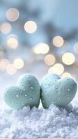 ai genererad två mynta grön hjärtan Utsmyckad med vit prickar vilar på snö, bokeh lampor, atmosfär av kärlek och roman i mjuk pastell toner perfekt för valentines dag foto