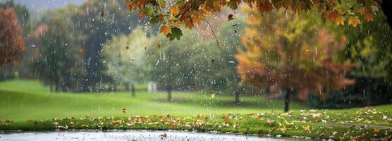 ai genererad regn falls på de gräs runt om en små damm. foto