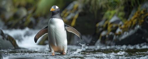 ai genererad in i de vild. hela kroppen Foto av en pingvin i dess naturlig livsmiljö.