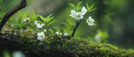 ai genererad lugn skog mossa smyckande ett gammal träd gren, blomstrande med vit blommor, skön och färsk vild blomma scen grönska, känsla av fred och lugn i natur foto