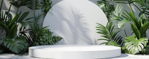 ai genererad cirkulär vit podium skede kuggstång, främre se, förbättrad förbi en bakgrund av frodig tropisk löv och grön sten foto