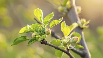 ai genererad äpple träd gren med ung knoppar foto