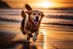 ai genererad affisch med en hund spelar på en strand i främre av de hav foto