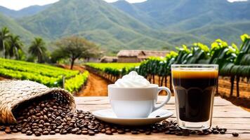 ai genererad kopp kaffe bönor, varm kaffe, espresso kaffe kopp med bönor, kaffe böna bakgrund foto