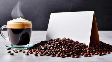 ai genererad kaffe kopp attrapp design, kaffe kopp attrapp på kaffe bönor, varm kaffe bakgrund, tom kaffe kopp mockups, papper kaffe påsar foto