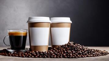 ai genererad kaffe kopp attrapp design, kaffe kopp attrapp på kaffe bönor, varm kaffe bakgrund, tom kaffe kopp mockups, papper kaffe påsar foto