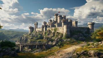 ai genererad medeltida slott och kungariken spel bakgrund foto