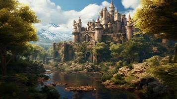 ai genererad medeltida slott och kungariken spel bakgrund foto