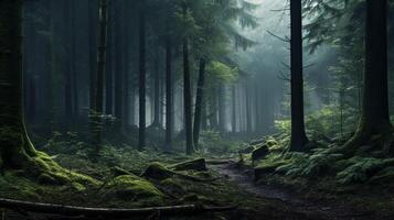 ai genererad dimmig skog bakgrund foto