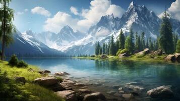 ai genererad berg sjön bakgrund foto