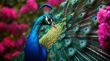 ai genererad en påfågel med färgrik fjädrar och blommor foto