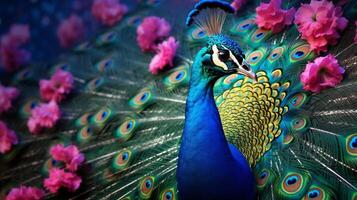 ai genererad en påfågel med färgrik fjädrar och blommor foto