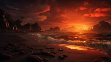 ai genererad regnig kust solnedgång bakgrund foto