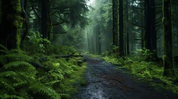 ai genererad regnig skog promenader bakgrund foto