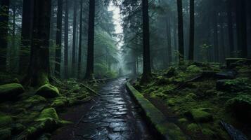 ai genererad regnig skog promenader bakgrund foto