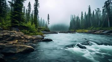 ai genererad regnig flod äventyr bakgrund foto