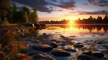 ai genererad flodbank solnedgång bakgrund foto