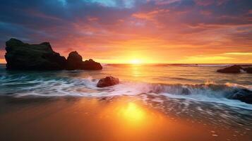 ai genererad romantisk havsstrand solnedgång bakgrund foto